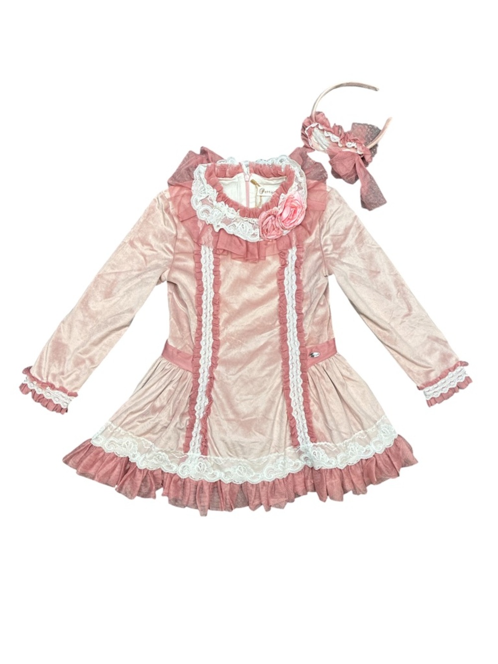 Pettigirl - Girls Dusty Pink Lace Ruffle Party Dress with Matching Headband